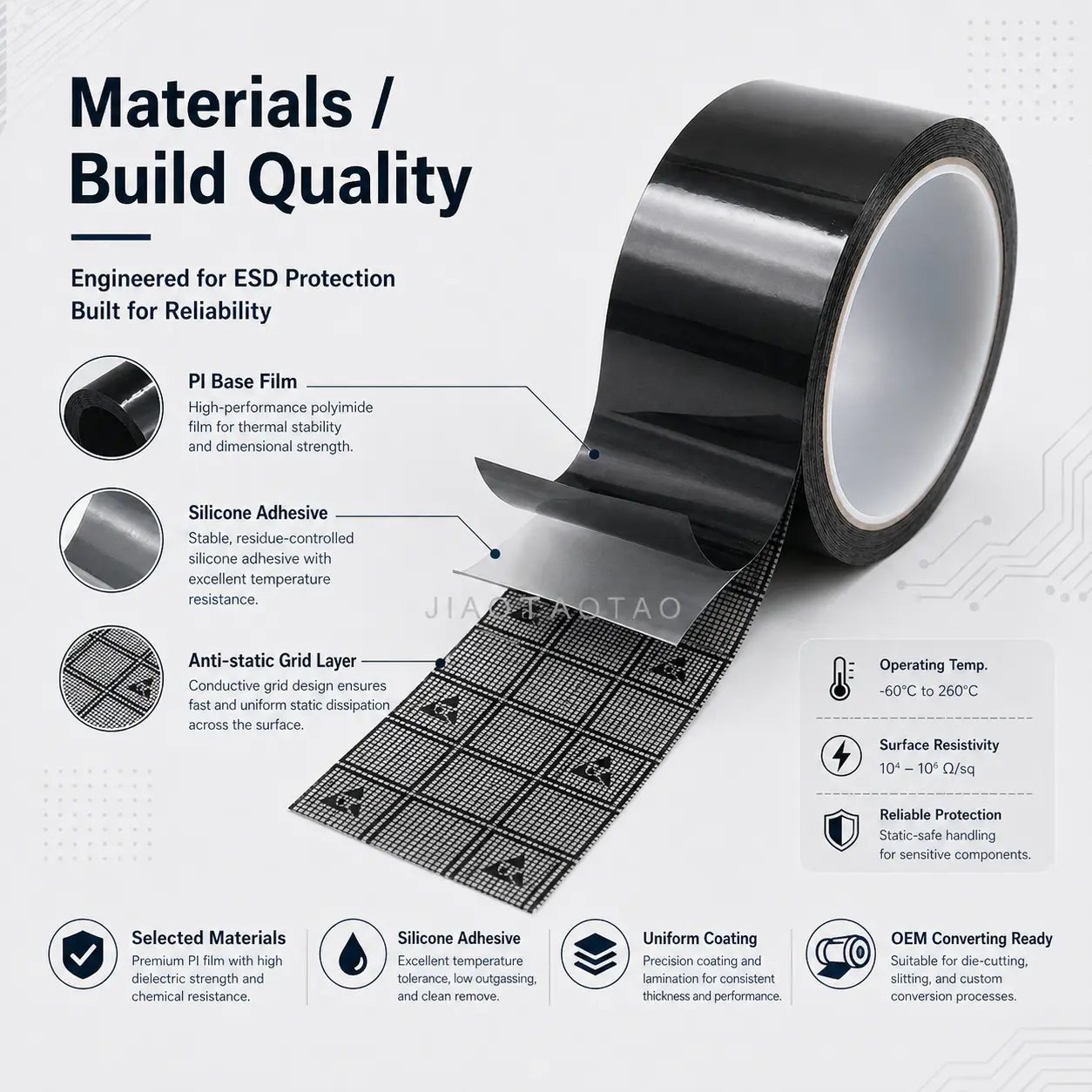JIAOTAOTAO ESD adhesive tape for PCB masking and static-sensitive electronics protection.